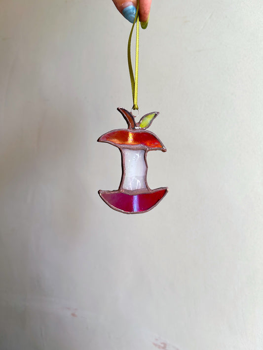 Red Stained Glass Iridescent Apple Core Ornament Suncatcher