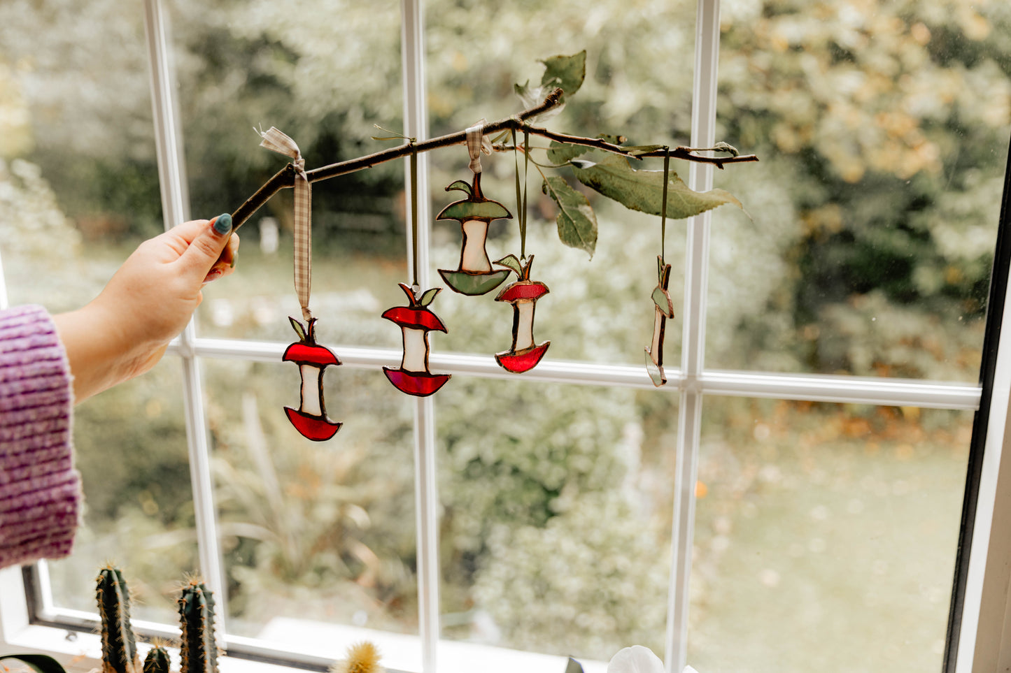 Red Stained Glass Iridescent Apple Core Ornament Suncatcher