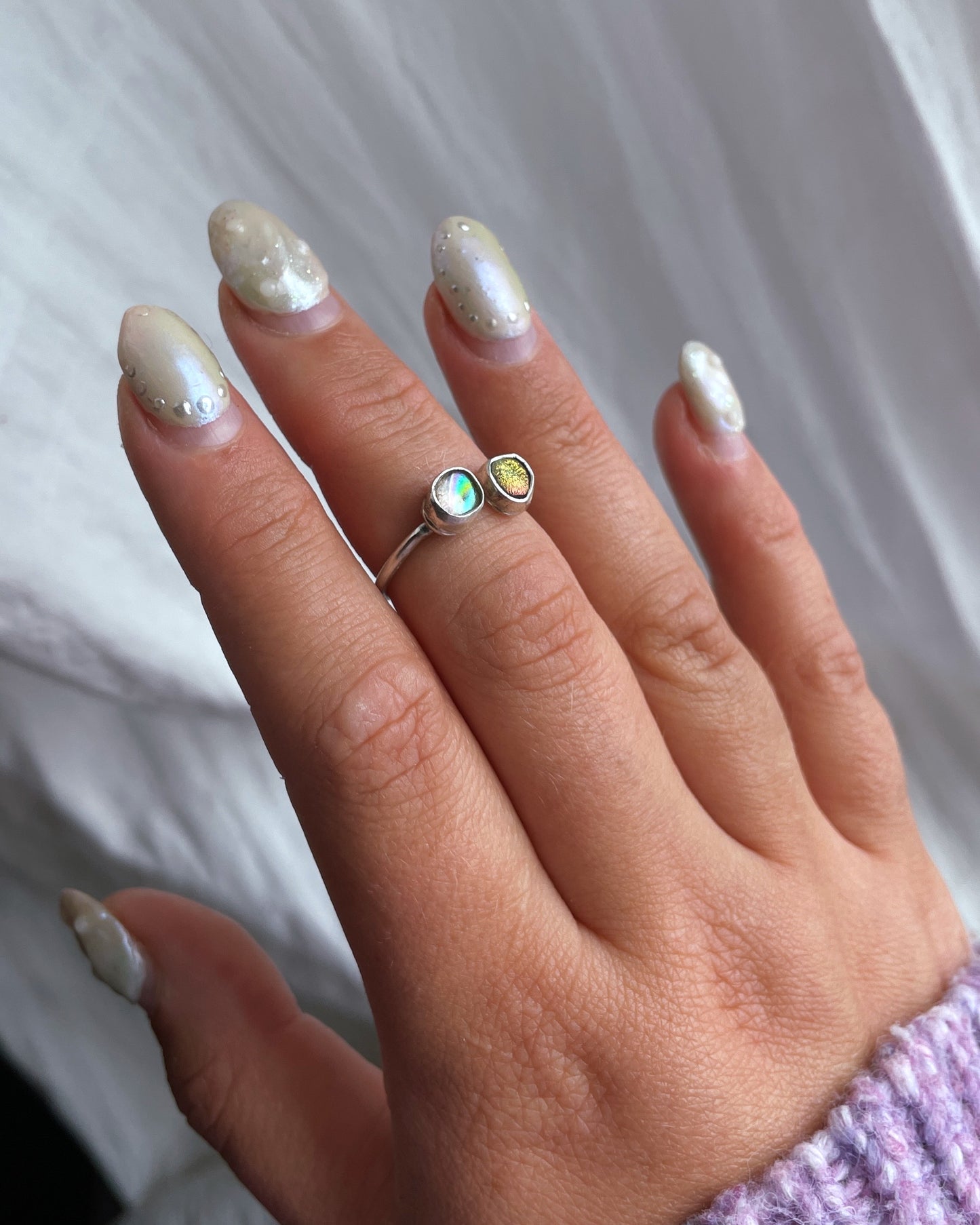 Adjustable Size K-M Sterling Silver Ring with Dichroic Glass Stone