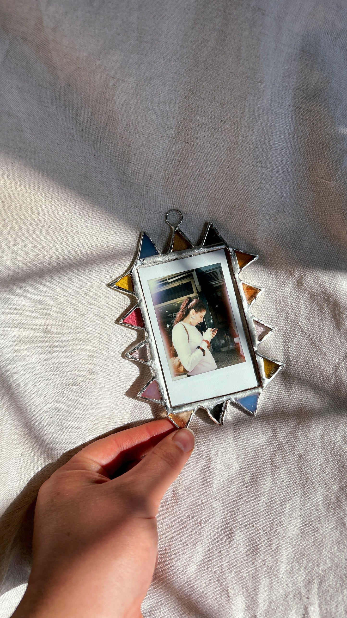 Pointed Polaroid Frame Amber Pink Blue Mirror Pink Yellow Blue