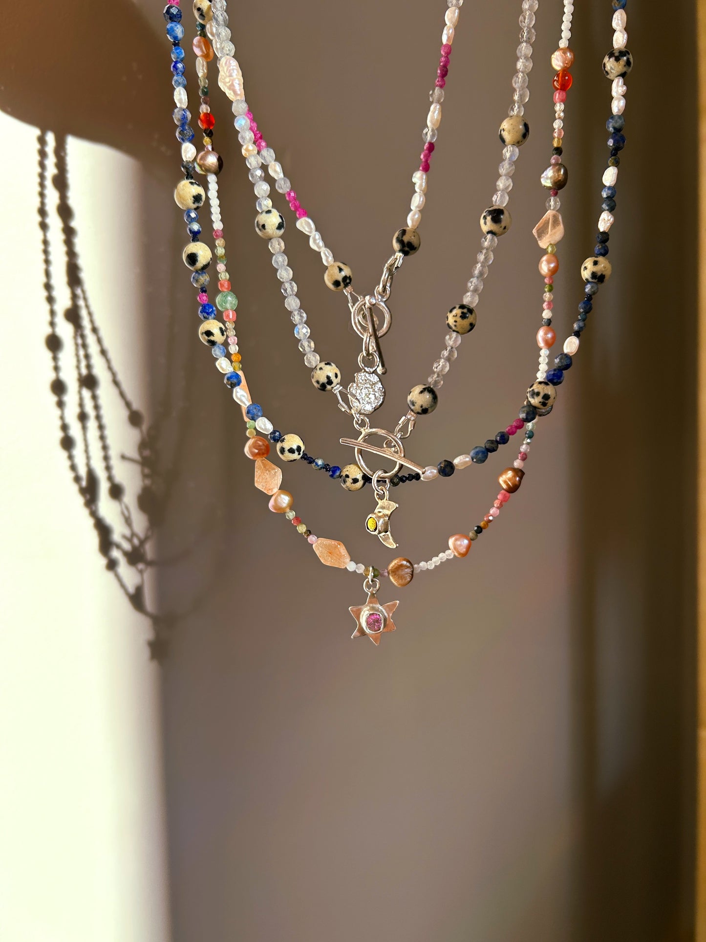 Pearl, Labradorite and Ruby Faceted Semi Precious Beaded Necklace Sterling Silver Star