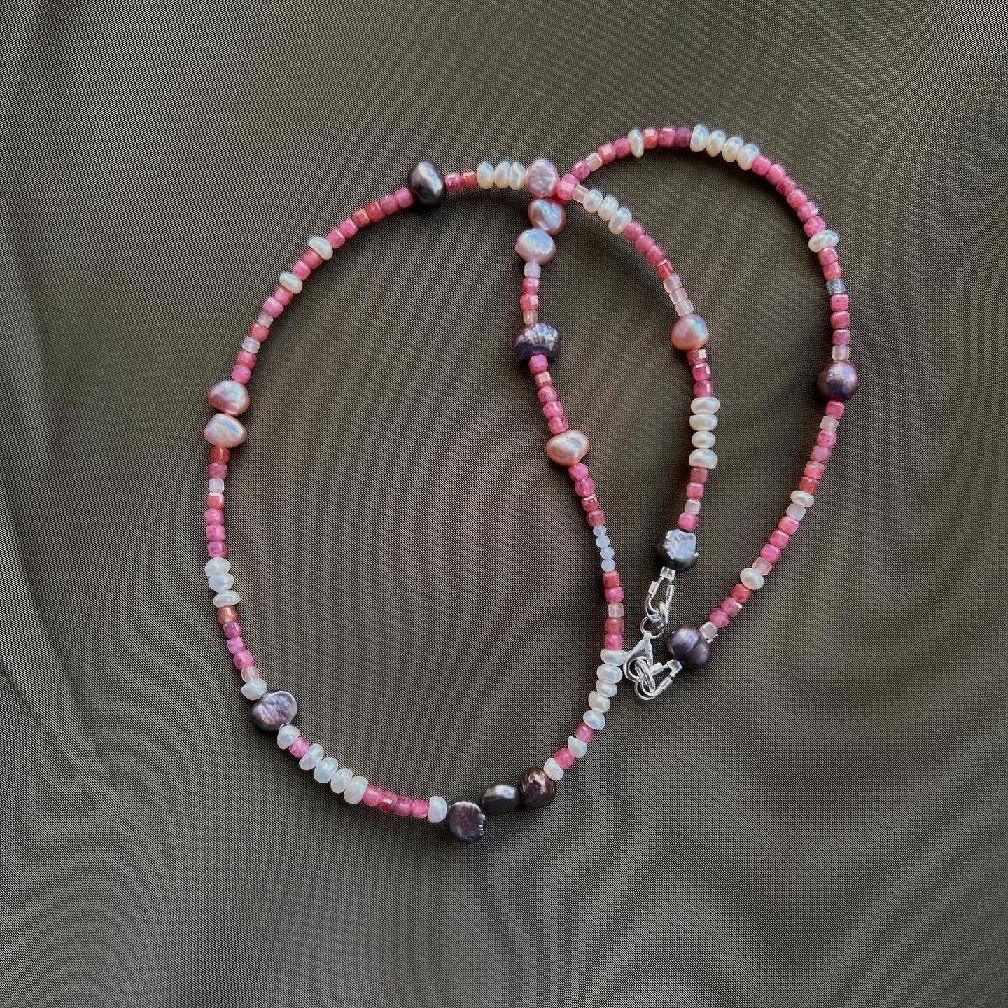 Semi Precious Rhondite Beaded Pearl Necklace Sterling Silver