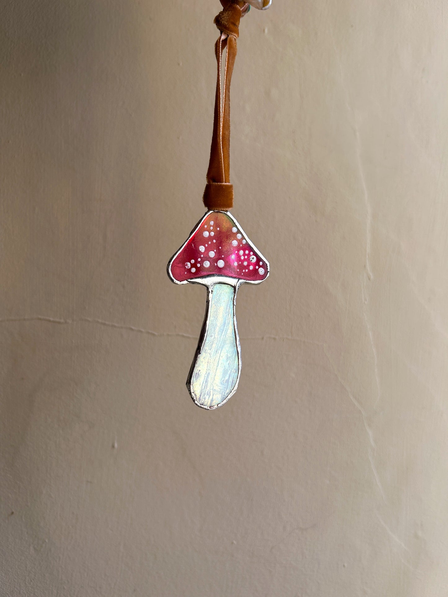Stained Glass Toadstool Mushroom on Velvet Ribbon