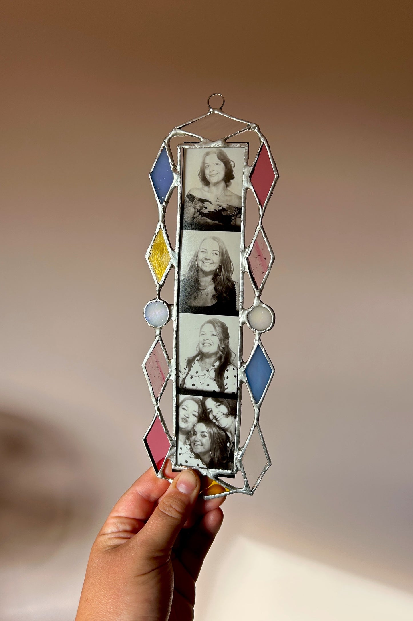 Art Deco Photobooth Stained Glass Frame White Blue Pink Yellow