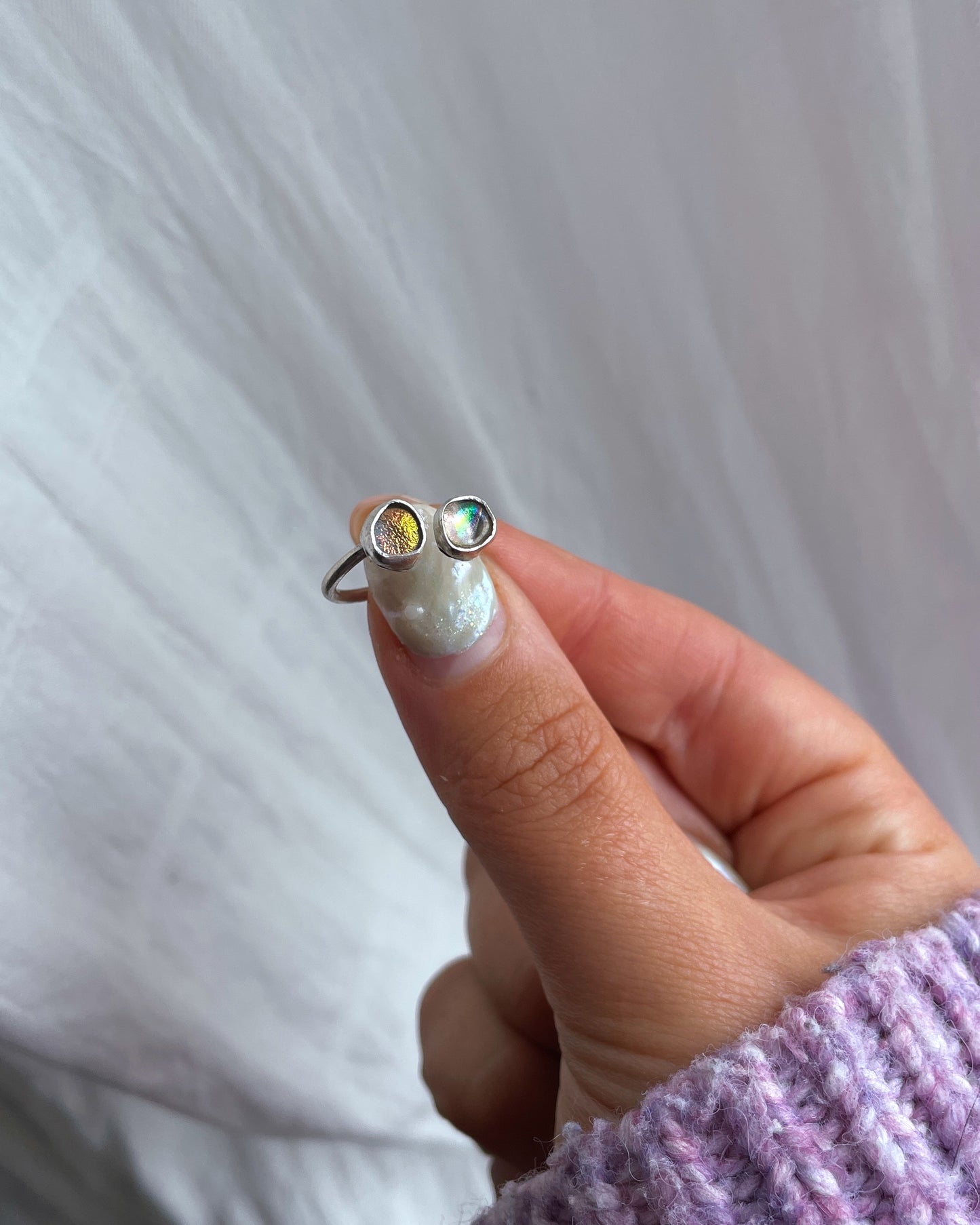 Adjustable Size K-M Sterling Silver Ring with Dichroic Glass Stone