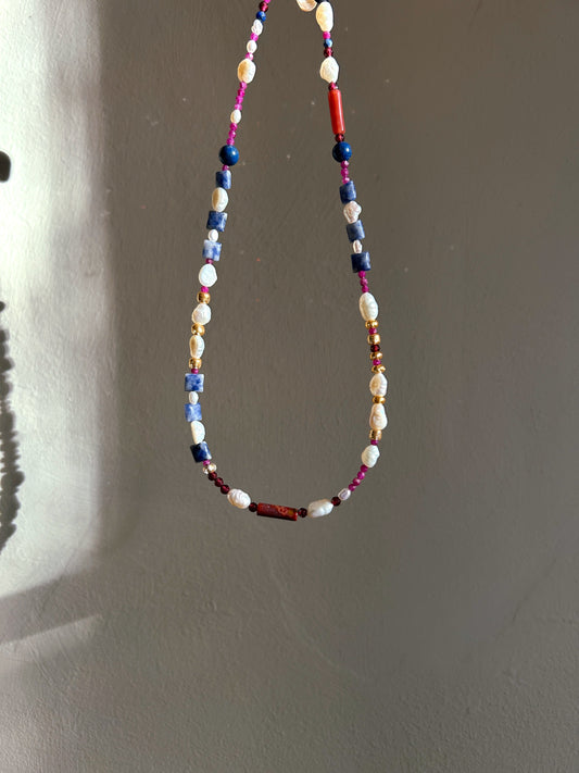 Pearl, Lapis Lazuli, and Ruby Faceted Semi Precious Beaded Necklace