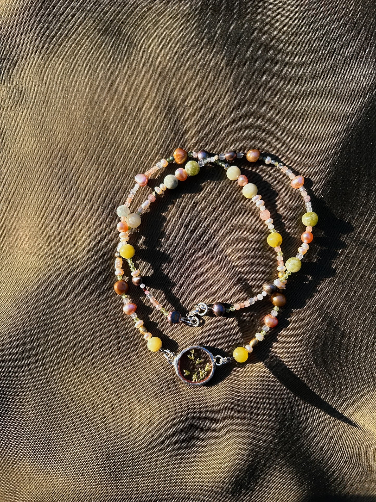 Wild Grass Semi Precious Beaded Jade, Pearl Necklace Sterling Silver