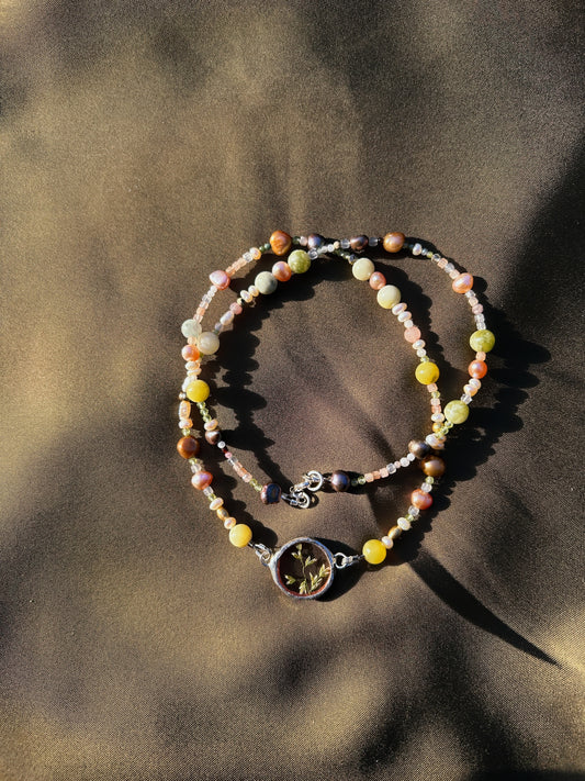 Wild Grass Semi Precious Beaded Jade, Pearl Necklace Sterling Silver