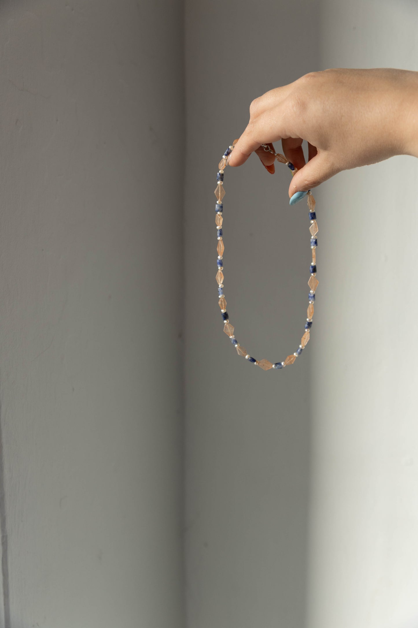 Semi Precious Beaded Sandstone, Lapis Lazuli Necklace Sterling Silver