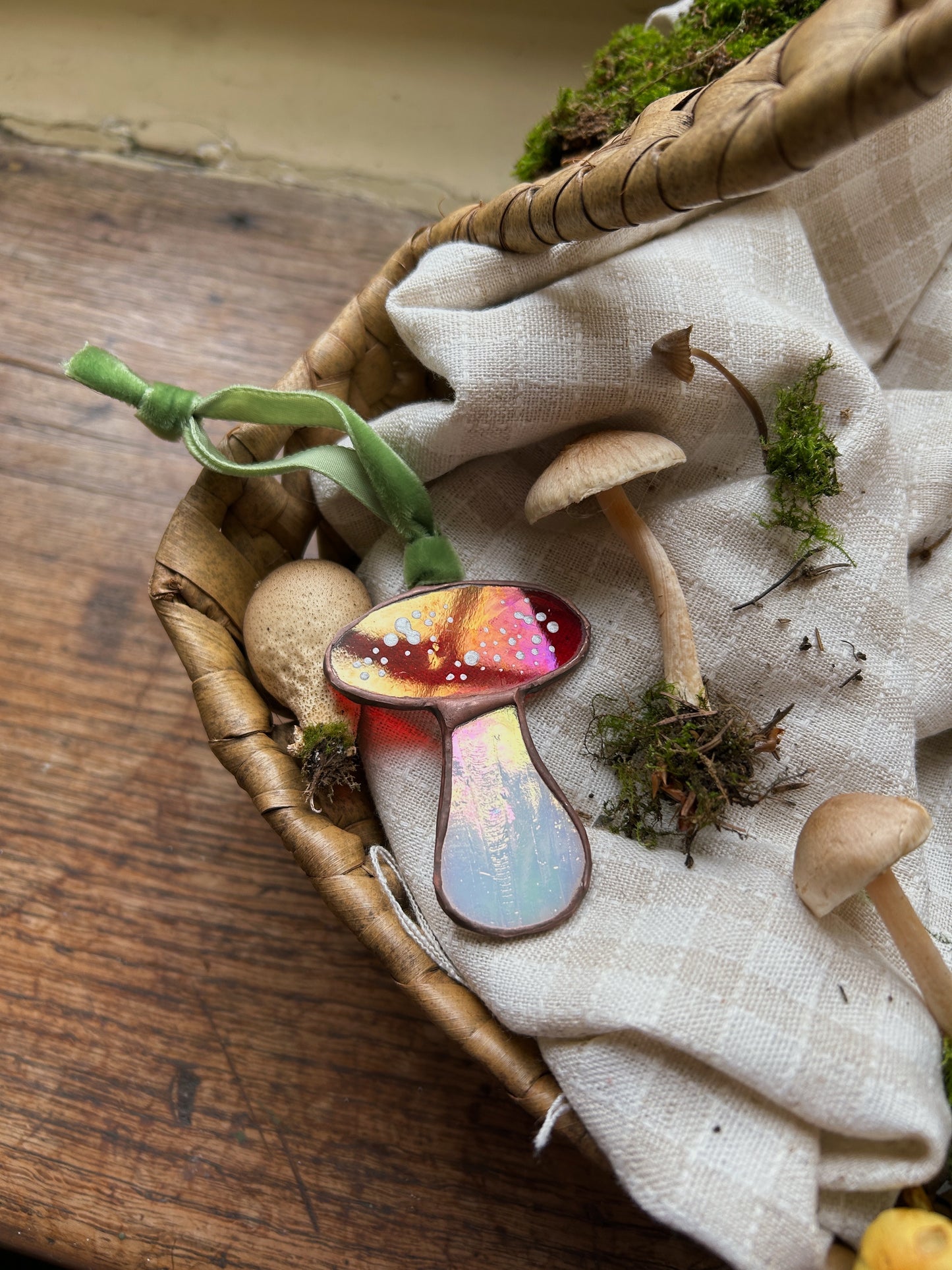 Stained Glass Toadstool Mushroom on Velvet Ribbon