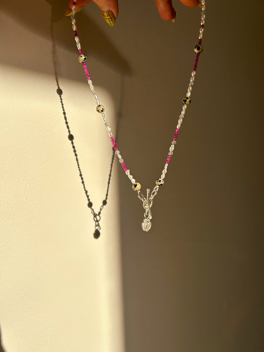 Pearl, Labradorite and Ruby Faceted Semi Precious Beaded Necklace Sterling Silver Star