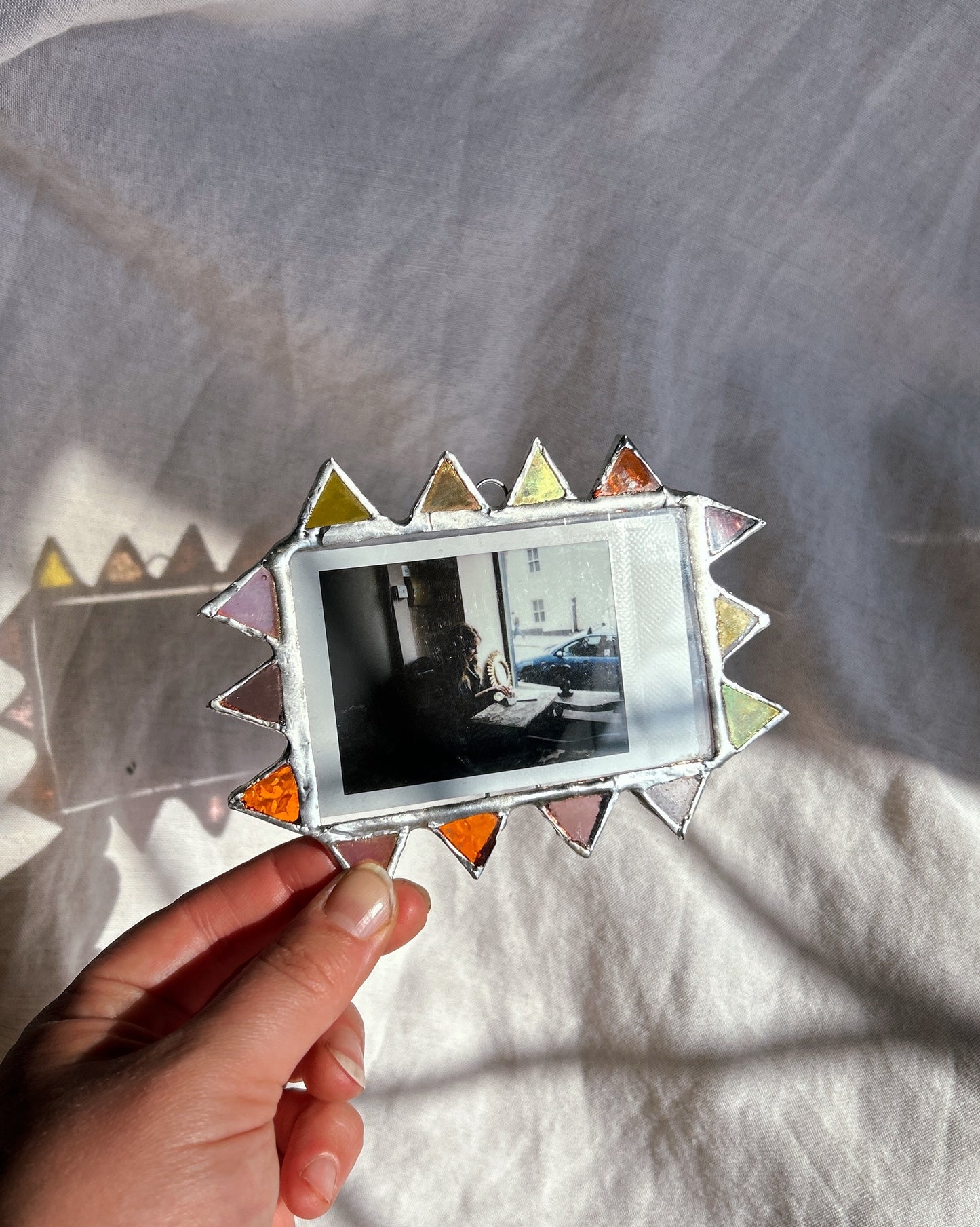 Pointed Polaroid Frame Amber Pink Blue Mirror Pink Yellow Orange