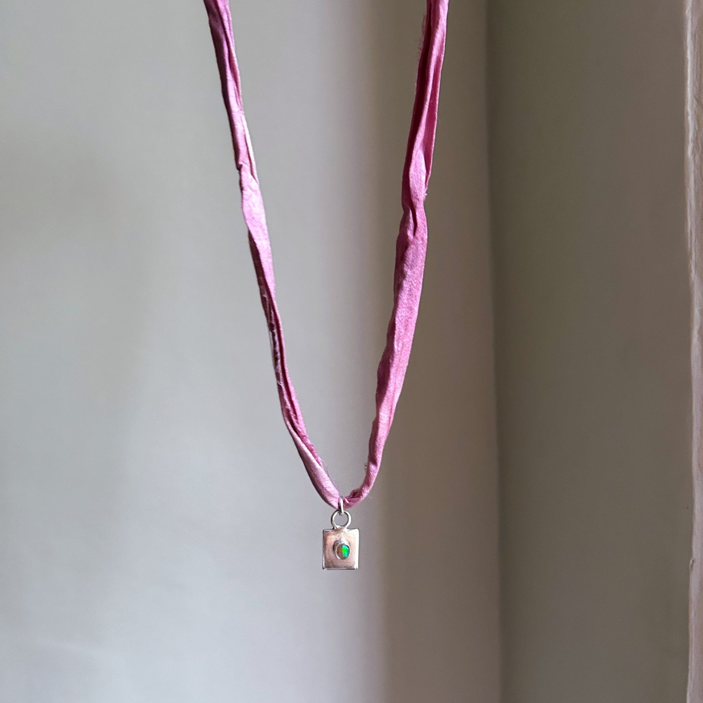 Sterling Silver Square Pendant Handmade on Naturally Dyed Silk