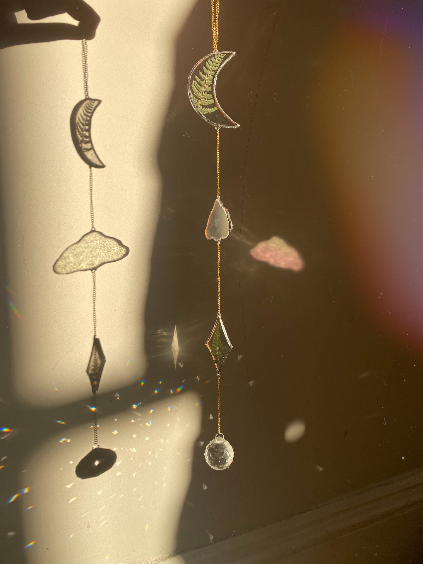Made to order Botanical Celestial Moon/ Cloud/ Star Mobile with Pressed Fern Leaves in Glass