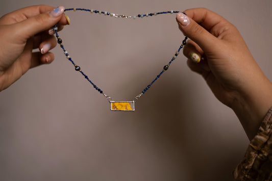Beaded Necklace Yellow Butterfly Wing and Lapis Lazuli with Sterling Silver Clasp