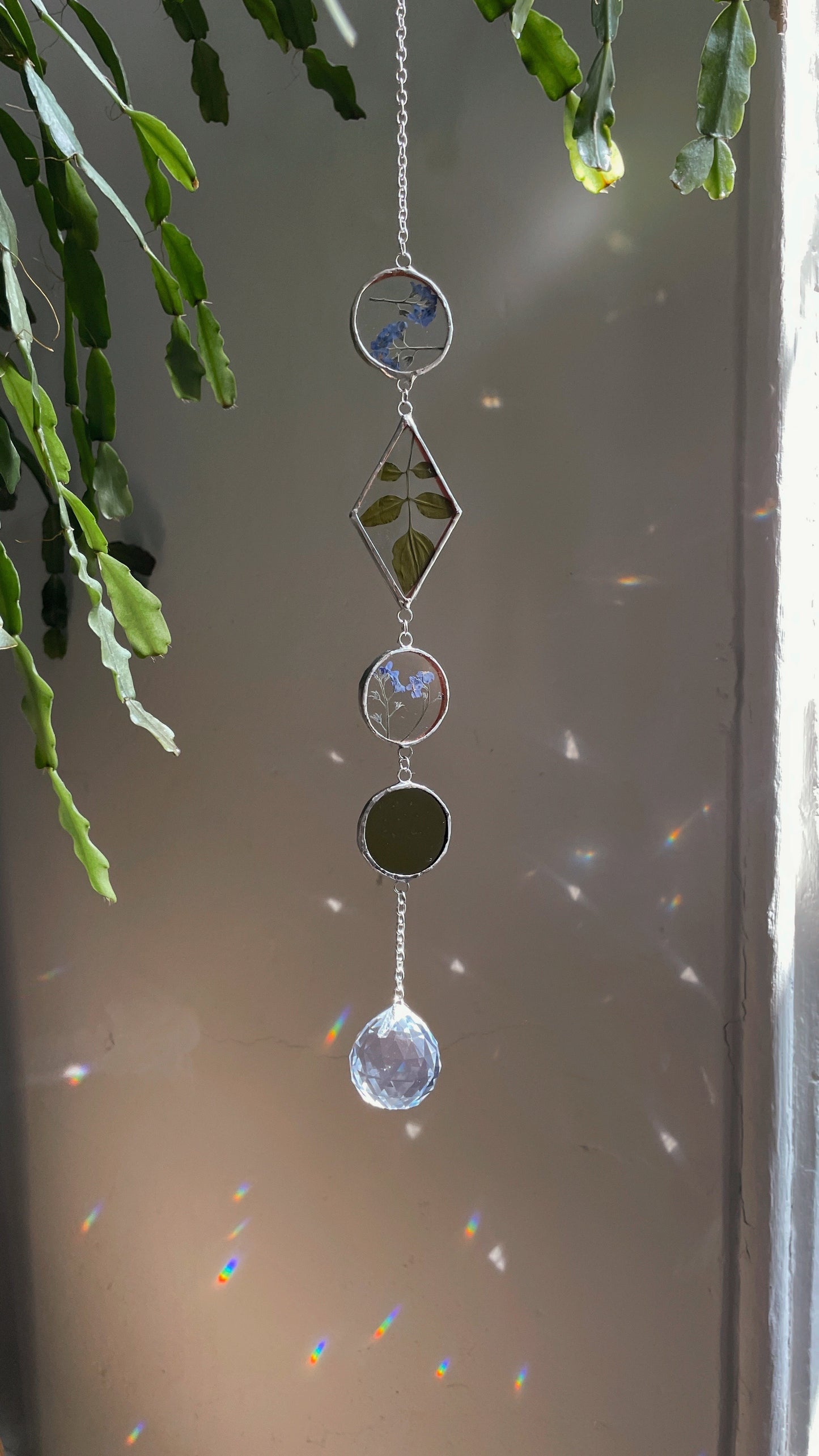 Stained Glass Mobile with Multi Shapes and Forget me Nots