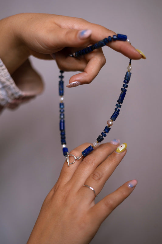 Beaded Necklace Lapis Lazuli and Freshwater Pearls with Sterling Silver Toggle