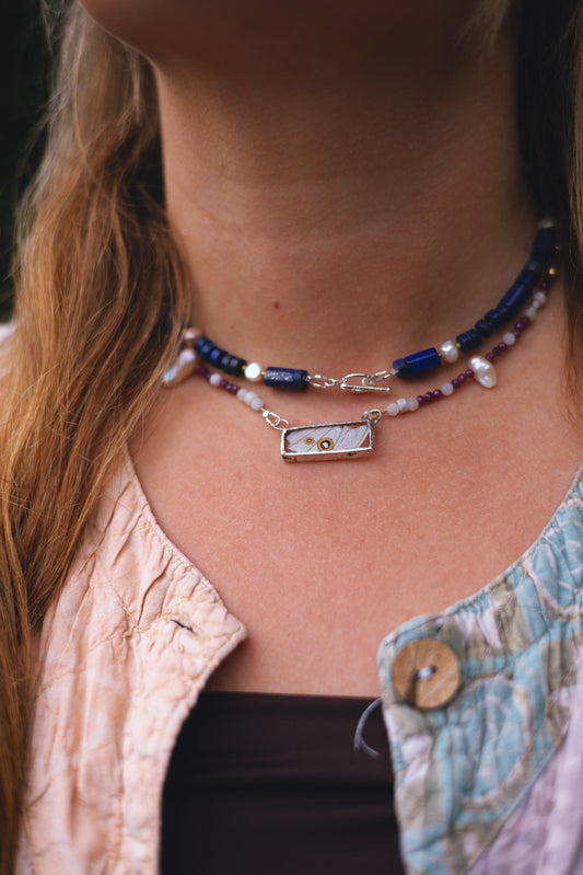 Beaded Necklace White Butterly Wing with Semi Precious Stones and a Sterling Silver Clasp